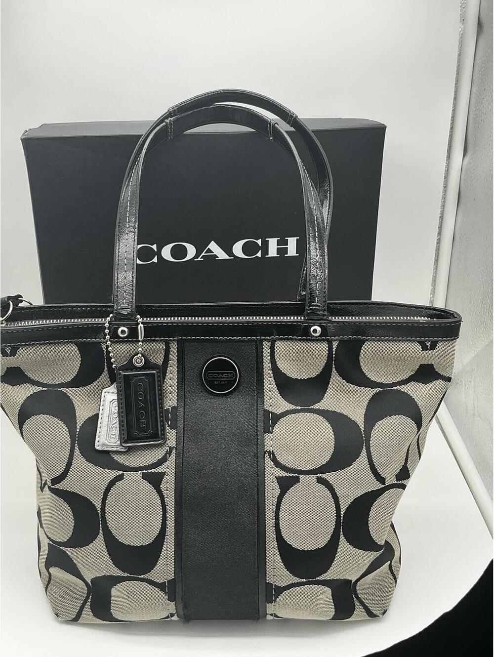Classic Coach Signature Tote Bag Black Beige Canvas Leather Zip Top Large